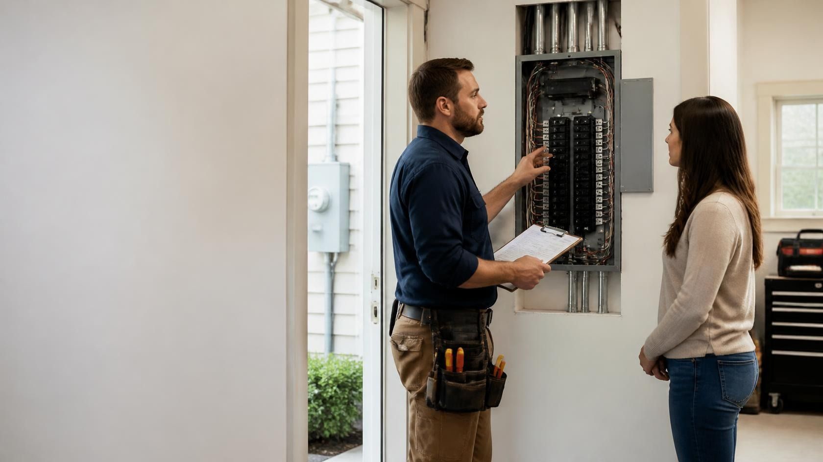 Licensed electrician installing a 200-amp electrical service panel in a Massachusetts home