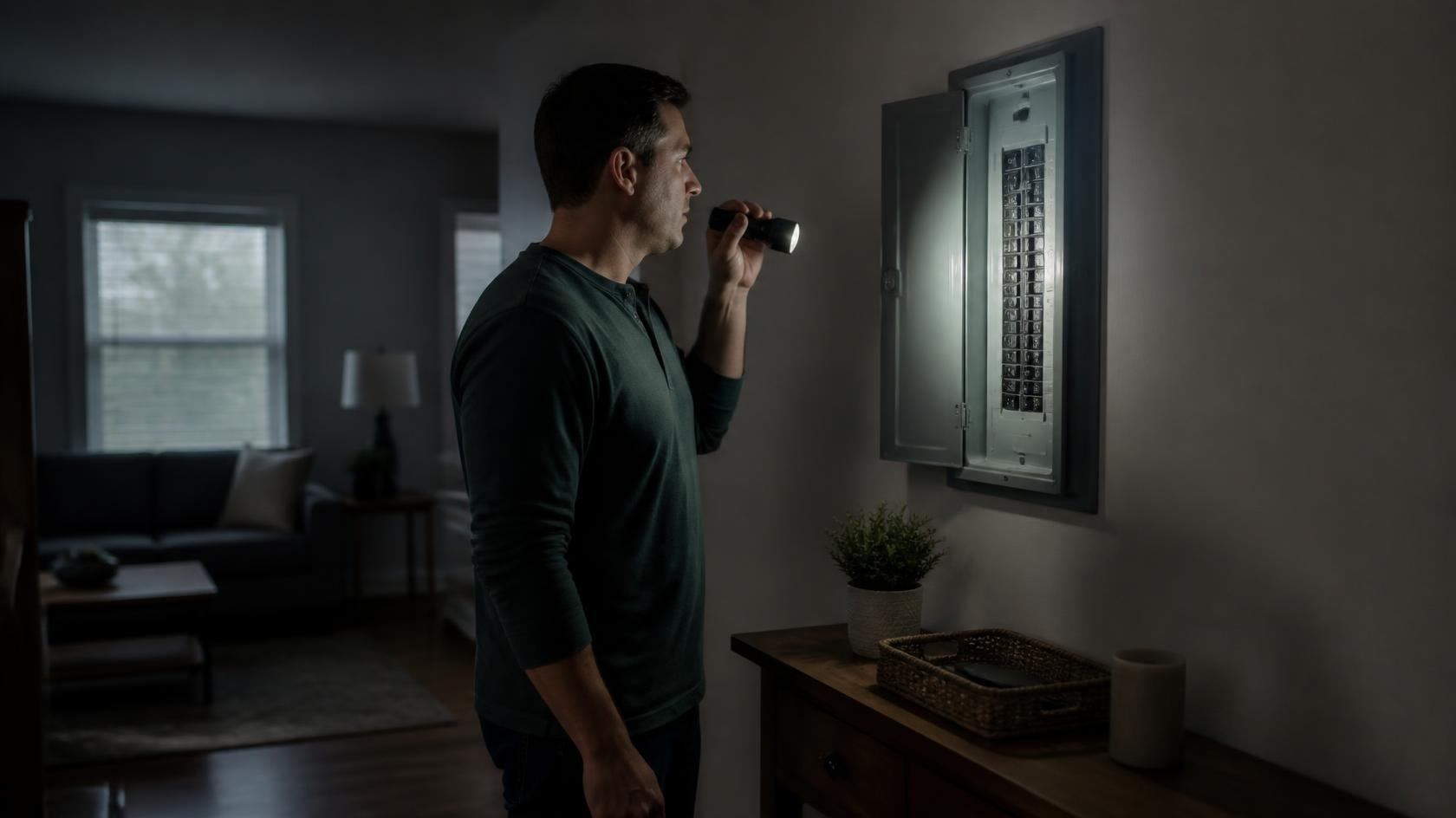 Homeowner using a flashlight to inspect an open electrical panel during a power outage