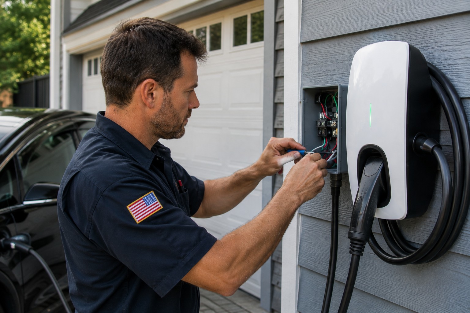 A Level 2 EV charger installed on the exterior wall of a South Shore home beside the driveway
